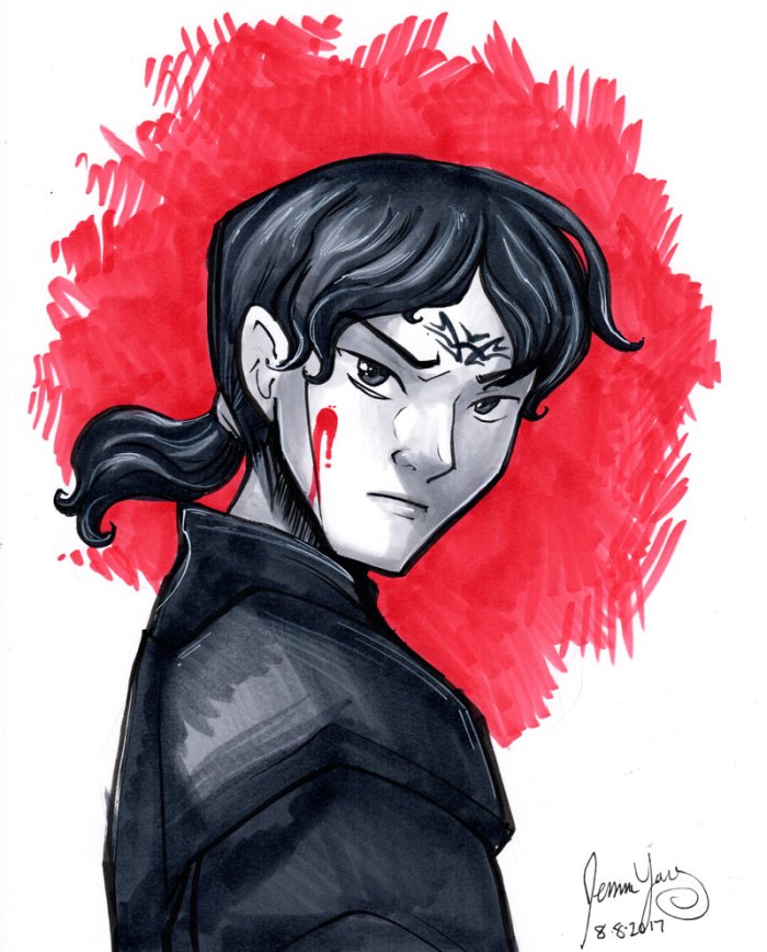 Kaladin in black, white, and red.